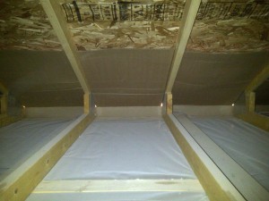 attic, cardboard stops, poly vapor barrier