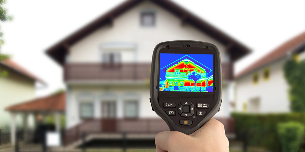 A thermal imaging gun is used to identify areas of heat loss in a house, highlighting the importance of proper insulation strategies for energy efficiency in Edmonton homes.